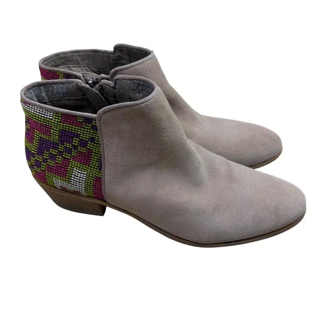 Sam Edelman, Putnam Taupe Suede Booties, Colorful Woven Back, Boho Western Ankle